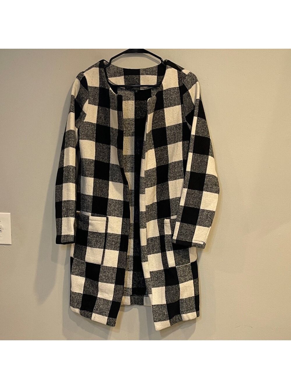 Black and White Checkered Open Front Sweater